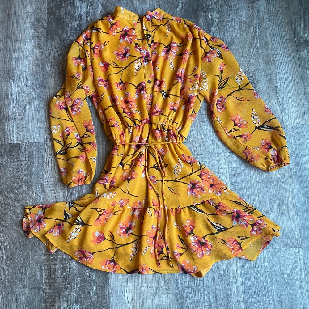 Fraiche by J Mustard Yellow Floral Print Long Sleeve Mini Dress Size M.